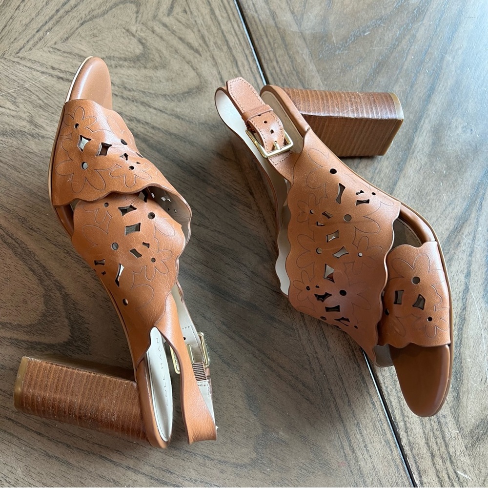 Cole Haan Brown Leather Indra high floral summer sandal Slingback Heels - Picture 3 of 8